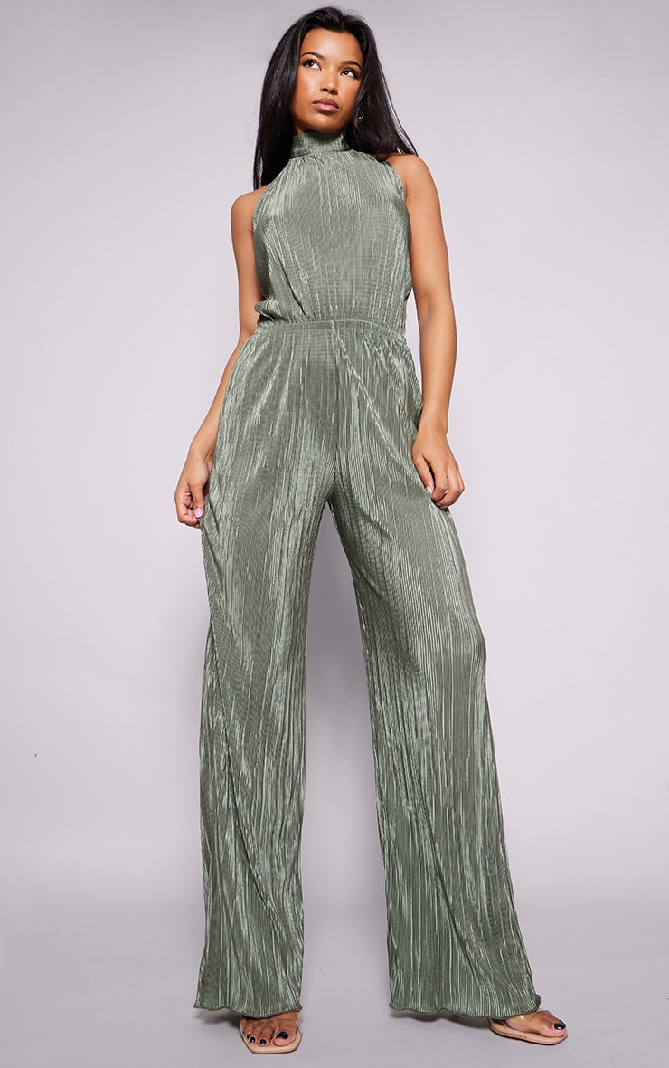 Next Day Delivery Before 10 PM Chic Champagne Plisse High Neck Jumpsuit with Wide-Leg Design