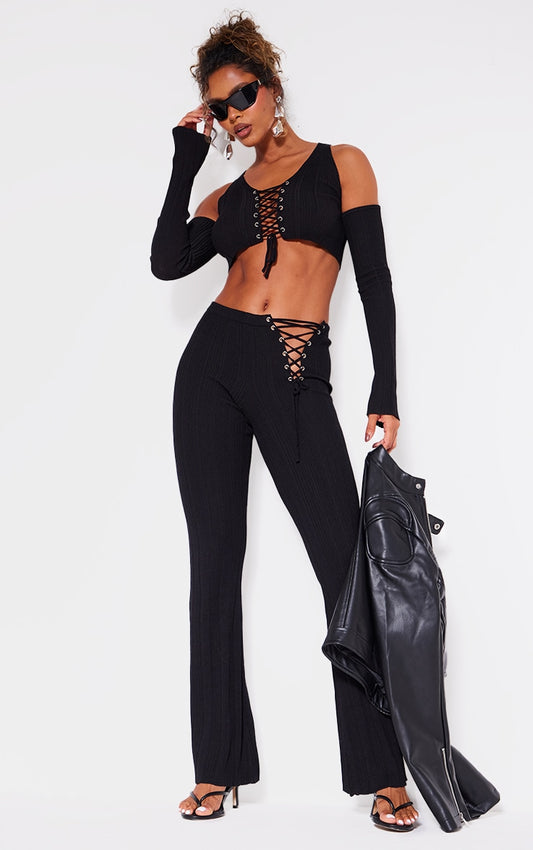 Black Textured Rib Knit Lace Up High Waist Flared Trousers Next Day Delivery Before 10 pm