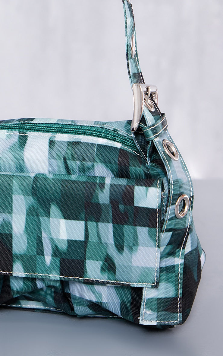 Next Day Delivery Before 10 PM Green Blurred Camo Print Pocket Shoulder Bag with Eyelet Strap - A Stylish Statement Piece