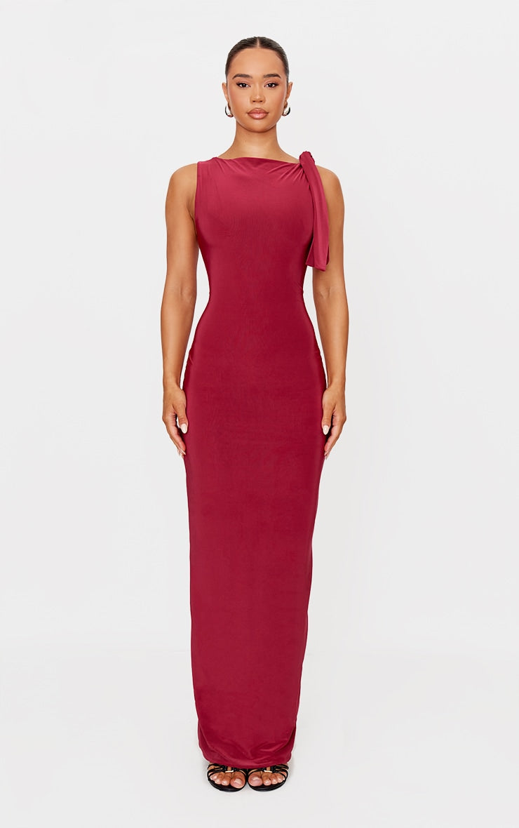 Burgundy Slinky Knot Drape Maxi Dress