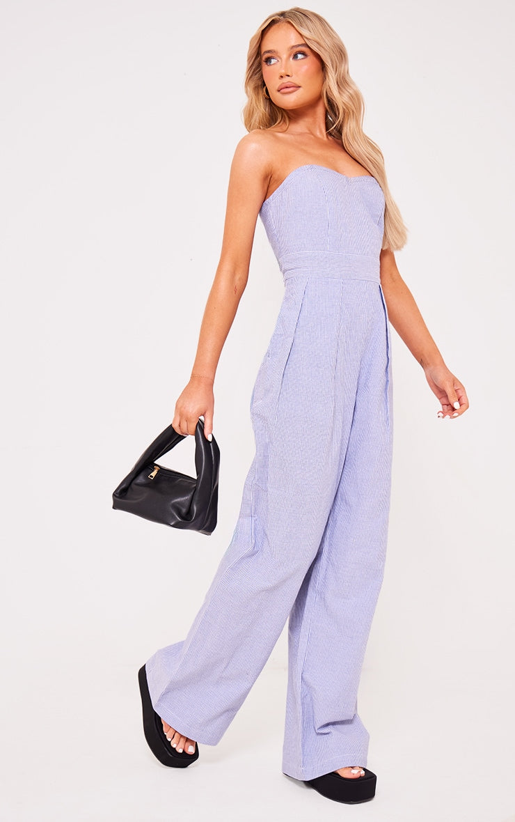 Next Day Delivery Before 10PM Blue Stripe Bandeau Cotton Pleated Detail Wide Leg Jumpsuit