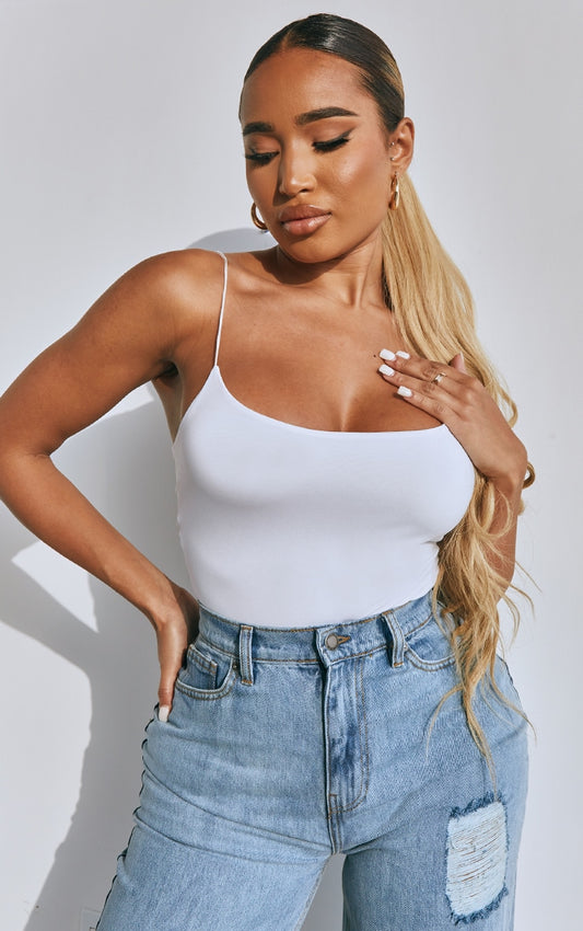 Next Day Delivery Before 10 PM Shape White Slinky Spaghetti Strap Bodysuit