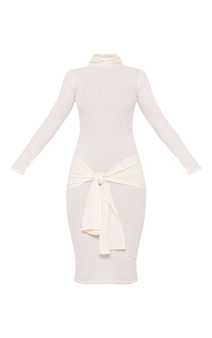 Cream Long Sleeve High Neck Knot Front Midaxi Dress Next Day Delivery Before 10 pm