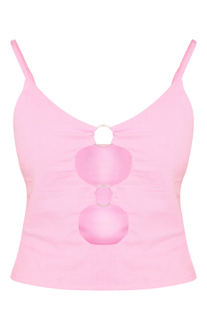 Next Day Delivery Before 10pm Pink Linen Look Strappy Ring Detail Cut Out Crop Top