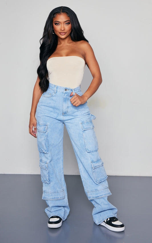 Next Day Delivery Before 10 pm Shape Light Blue Wash Pocket Wide Leg Cargo Jeans