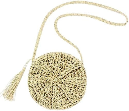 Next Day Delivery Before 10PM AWAVM Straw Bag for Women, Beach Round Straw Crossbody Bag with Tassel, Weave Handmade Handle Tote Bag with Zipper, Summer Beach Straw Handbags with Bohemian Purse