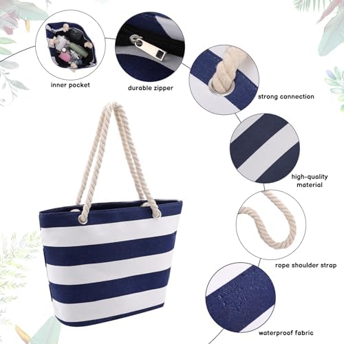 Next Day Delivery Before 10PM Zuimei Beach Bag,Waterproof Tote Bag Canvas Summer Bags Beach Travel Handbag Stripe Shoulder Bags for Womens Girls Pool Vocation Travel School Work Shopping