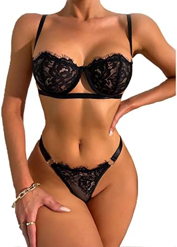 Next Day Delivery Before 10PM  Floral Lace Lingerie Set for Women Sexy Bra and Knickers Underwear Set Push Up Half Cup See Through Nightwear with Thongs G-Strings High Waisted Eyelash Lacy