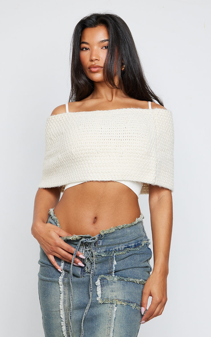 Oatmeal Chunky Knit Over The Shoulder Bandeau Top Next Day Delivery Before 10 pm