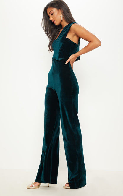 Next Day Delivery Before 10 PM Emerald Enchantment: One-Shoulder Velvet Jumpsuit