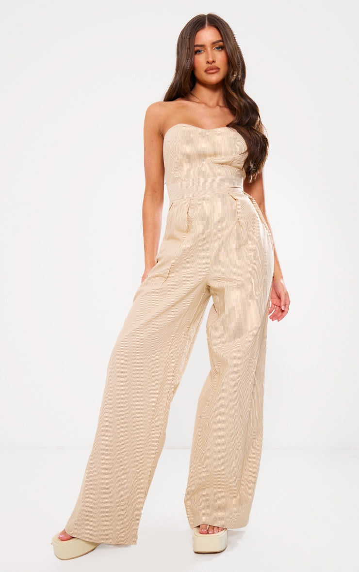 Next Day Delivery Before 10PM Blue Stripe Bandeau Cotton Pleated Detail Wide Leg Jumpsuit