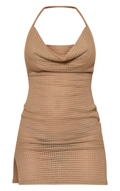 Next Day Delivery Before 10 PM Orange Textured Sheer Cowl Halter Bodycon Dress