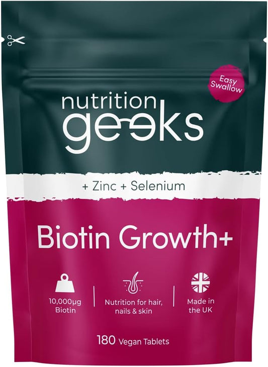 Next Day Delivery Nutrition Geeks Biotin Hair Growth Supplement - 180 Tablets Enhanced with Zinc &amp; Selenium, Hair Vitamins Complex - Biotin 10000 mcg - Vegan, Hair Skin and Nails Vitamins for Women &amp; Men UK