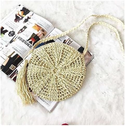 Next Day Delivery Before 10PM AWAVM Straw Bag for Women, Beach Round Straw Crossbody Bag with Tassel, Weave Handmade Handle Tote Bag with Zipper, Summer Beach Straw Handbags with Bohemian Purse