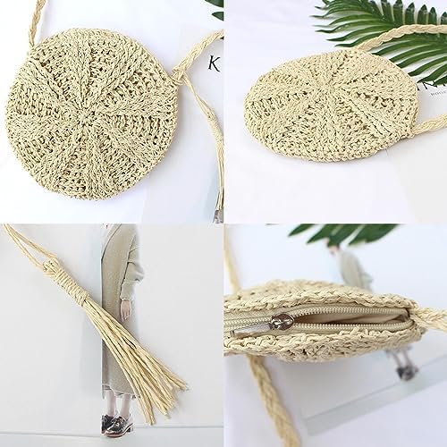 Next Day Delivery Before 10PM AWAVM Straw Bag for Women, Beach Round Straw Crossbody Bag with Tassel, Weave Handmade Handle Tote Bag with Zipper, Summer Beach Straw Handbags with Bohemian Purse