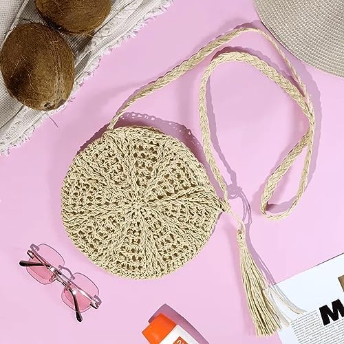 Next Day Delivery Before 10PM AWAVM Straw Bag for Women, Beach Round Straw Crossbody Bag with Tassel, Weave Handmade Handle Tote Bag with Zipper, Summer Beach Straw Handbags with Bohemian Purse