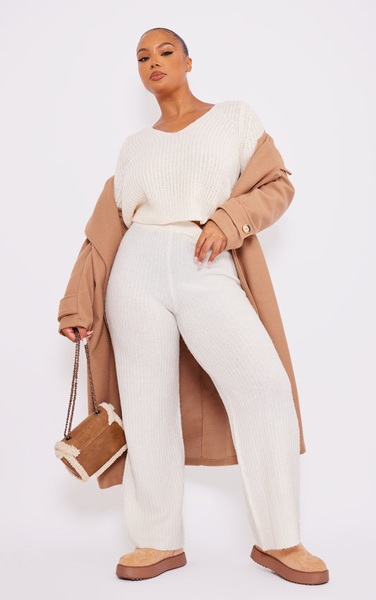 Plus Cream Soft Knit Wide Leg Trousers Next Day Delivery Before 10 pm