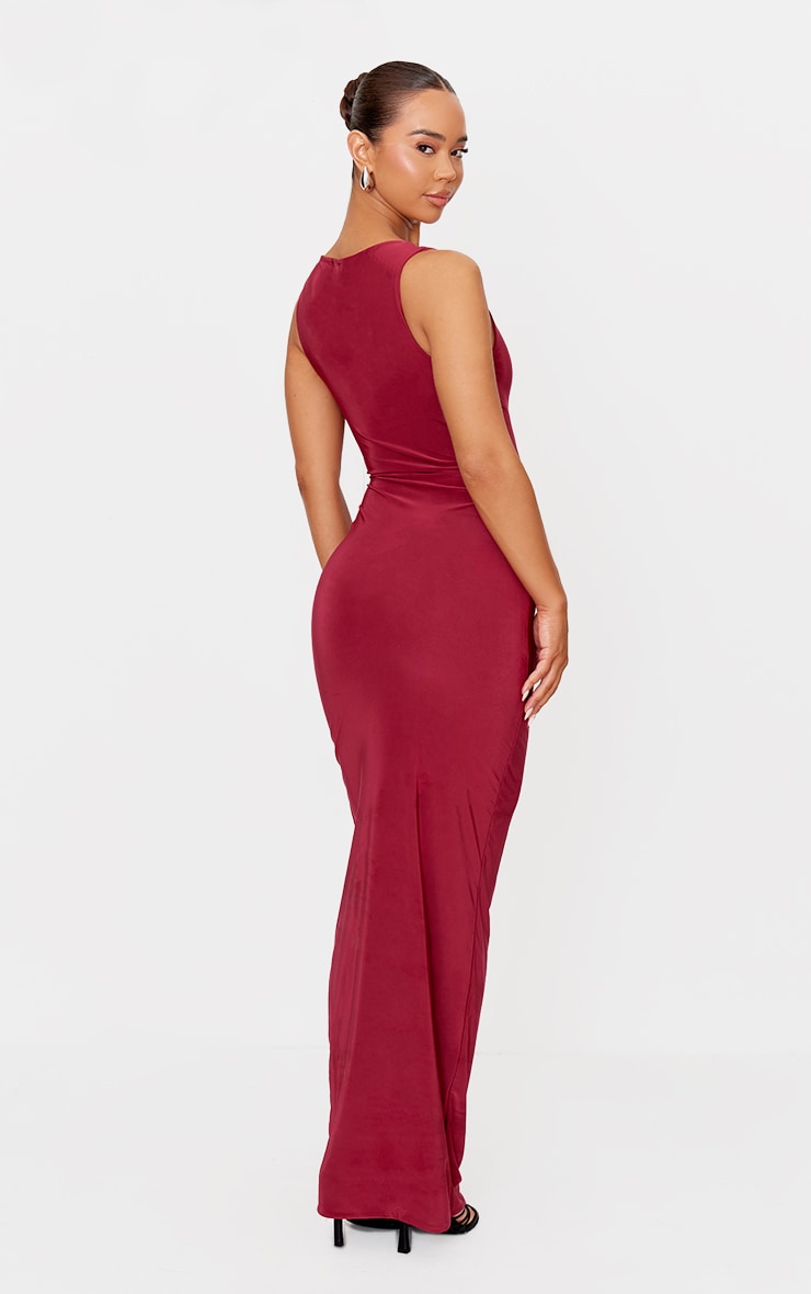 Burgundy Slinky Knot Drape Maxi Dress