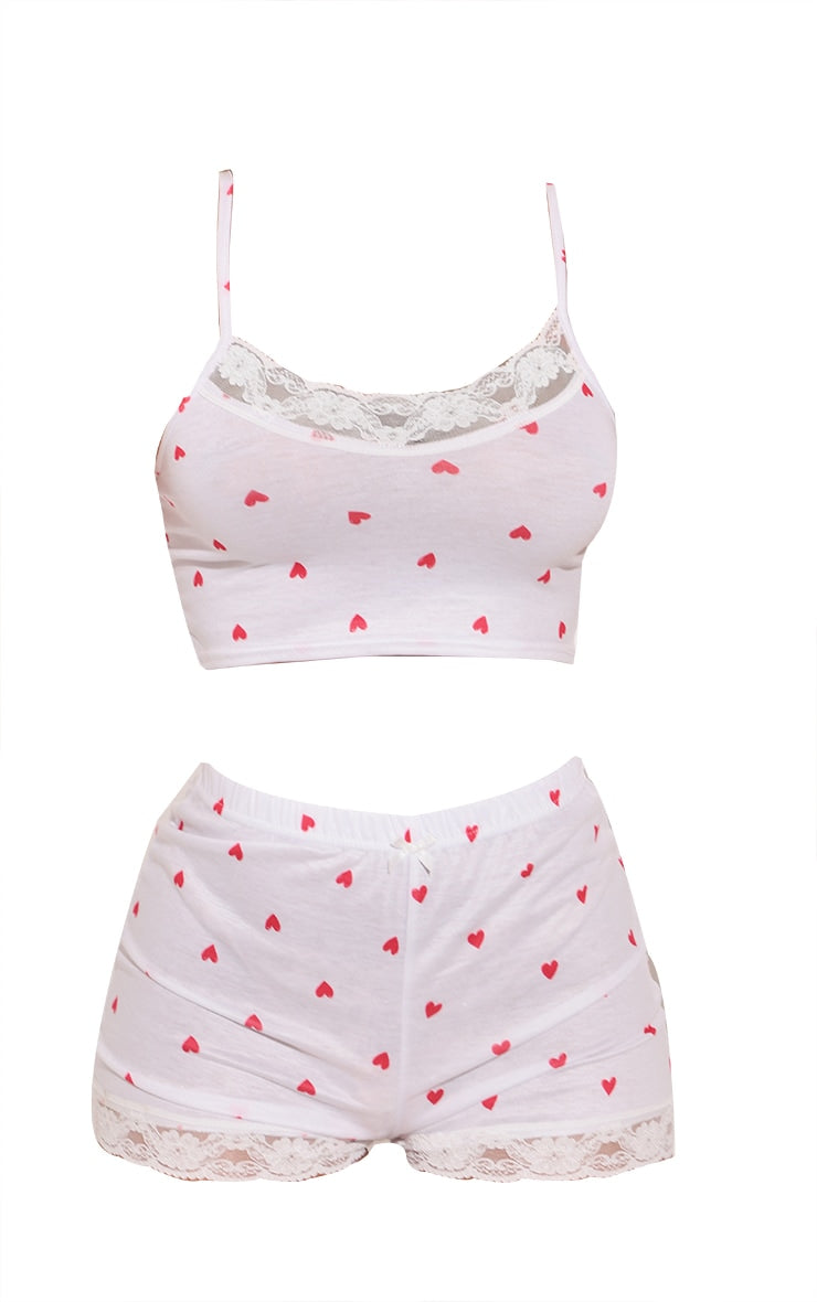 Sweet Dreams: White Ditsy Heart Print PJ Set with Lace Trim