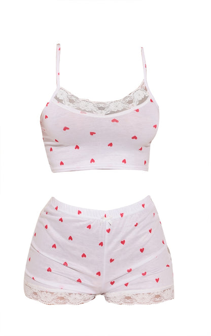 Sweet Dreams: White Ditsy Heart Print PJ Set with Lace Trim