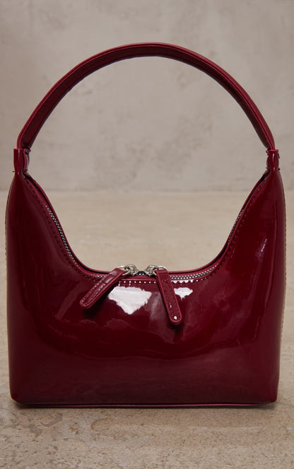 Burgundy Patent Simple Structured Double Zip Shoulder Bag