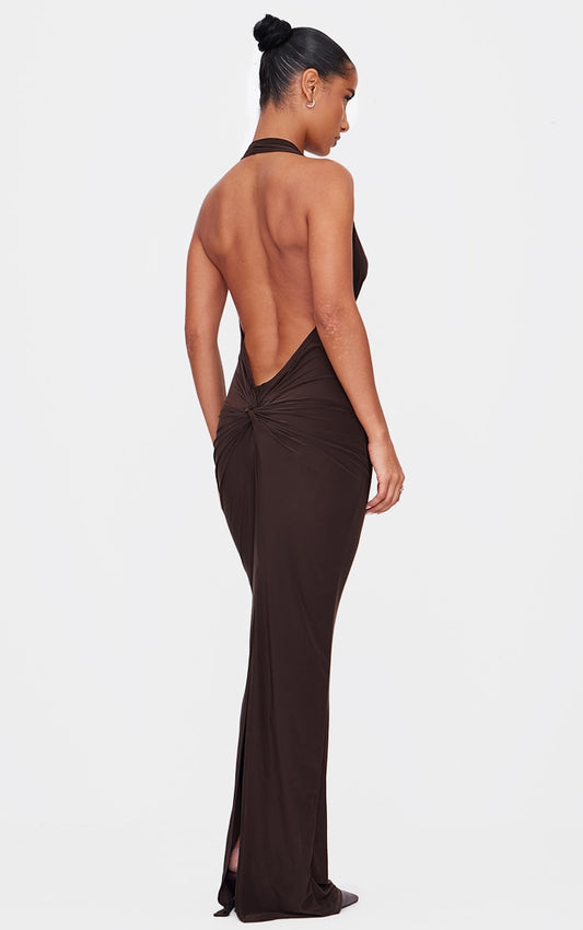Chocolate Soft Touch Cowl Neck Twist Back Detail Maxi Dress Next Day Delivery