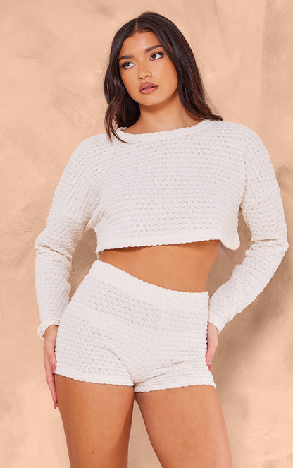 Next Day Delivery Before 10 PM Cream Textured Rib Hot Pants