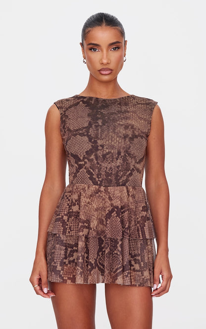 Brown Snake Print Mesh Rara Skort Playsuit Next Day Delivery