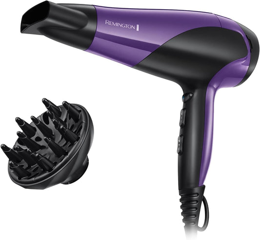Next Day Delivery RRP £51.99Remington Hair Dryer Ionic (Powerful, Fast Professional Styling, Diffuser, Concentrator, Ionic Conditioning for Frizz Free Hair, 3 Heat / 2 Speed Settings, Cool Shot, 2200W, Purple) D3190