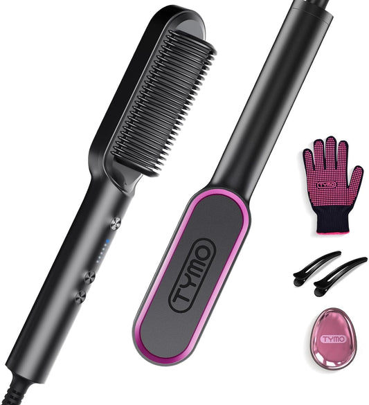 Next Day Delivery TYMO Hair Straightener Brush UK, Flat Iron and Hair Brush 2-in-1, Anti-Scald, Fast Heating, 5 Temp Settings (130℃-210℃), Professional Salon at Home, Wider Comb for Even Straightening, TYMO Ring