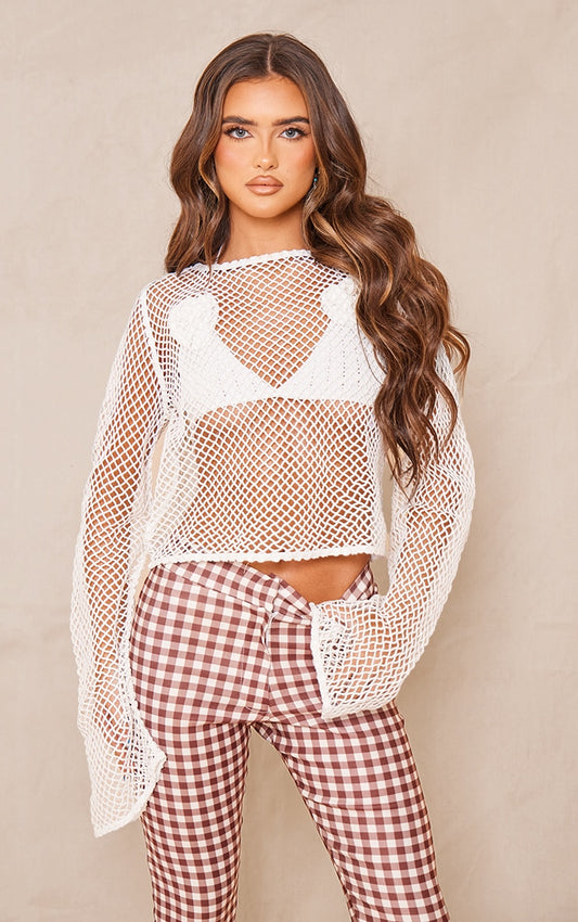 Next Day Delivery Before 10pm White Wide Fishnet Long Sleeve Long Top