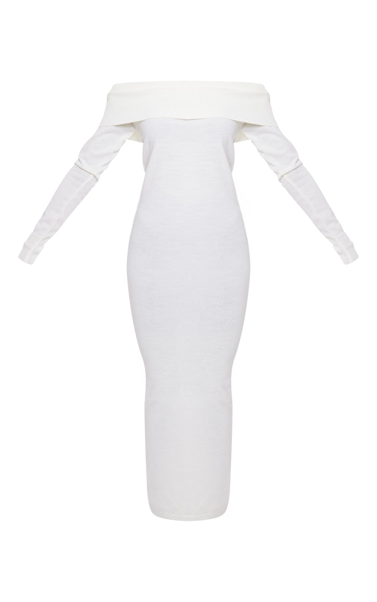 Next Day Delivery Before 10 PM Curvy Elegance: Cream Bardot Maxi Knit Dress with Fold-Over Detail