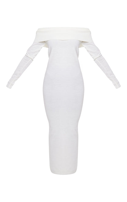 Next Day Delivery Before 10 PM Curvy Elegance: Cream Bardot Maxi Knit Dress with Fold-Over Detail