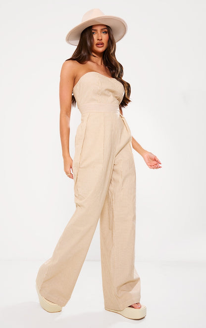 Next Day Delivery Before 10PM Blue Stripe Bandeau Cotton Pleated Detail Wide Leg Jumpsuit