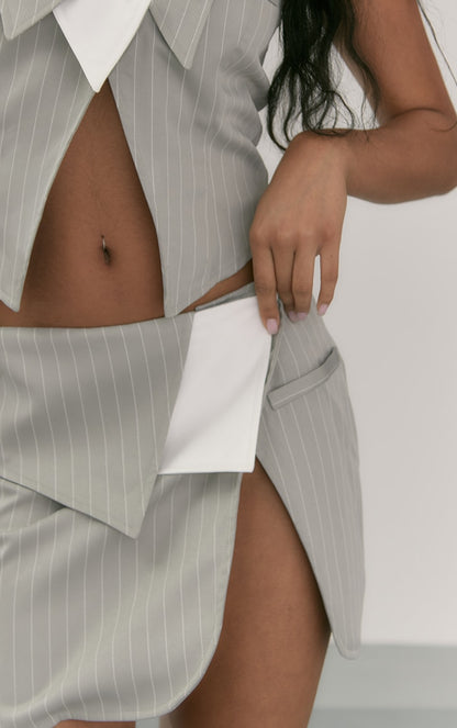 Light Grey Pinstripe Foldover Split Mini Skirt Next Day Delivery Before 10 PM