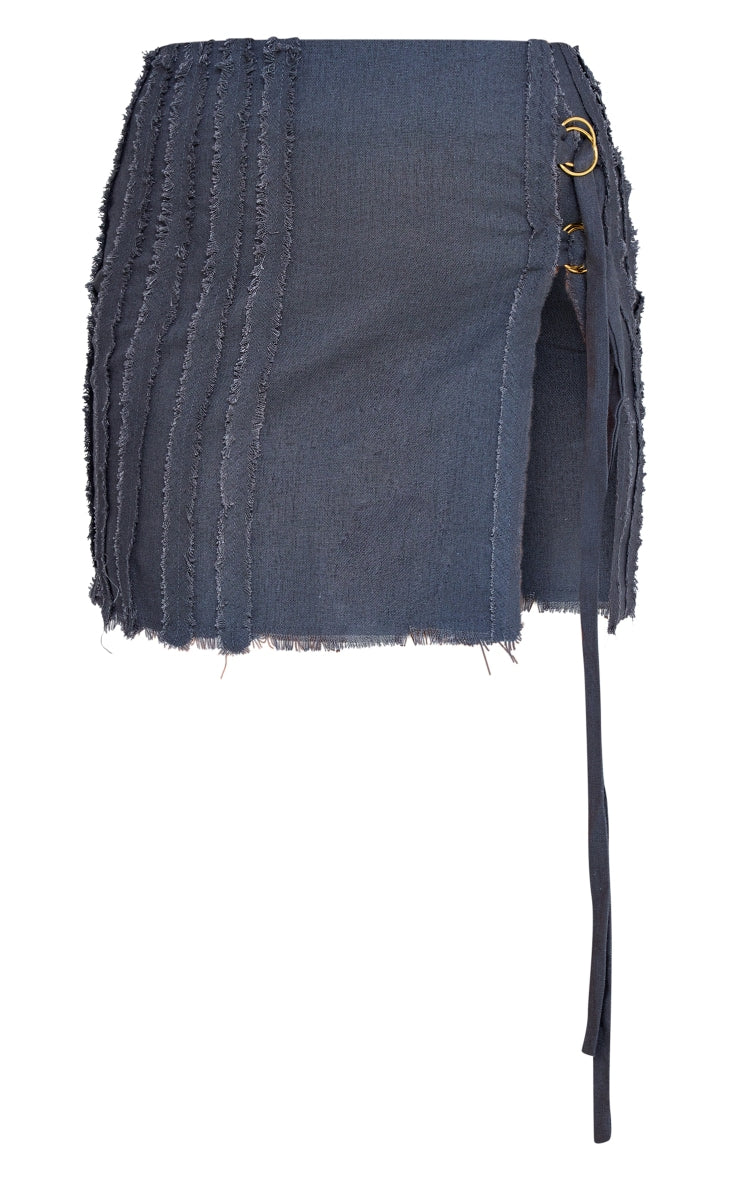 Charcoal Woven Raw Hem Buckle Trim Micro Mini Skirt Next Day Delivery Before 10 pm