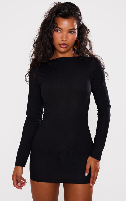 Next Day Delivery Before 10 PM Sleek and Chic: Black Ribbed Long Sleeve Bodycon Dress