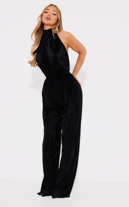 Next Day Delivery Before 10 PM Chic Champagne Plisse High Neck Jumpsuit with Wide-Leg Design