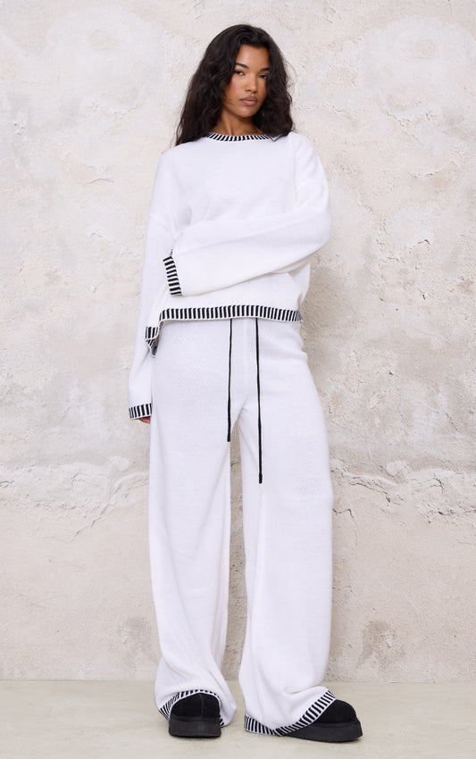 Cream Contrast Stitch Detail Knit Drawstring Waist Trousers Next Day Delivery Before 10 pm