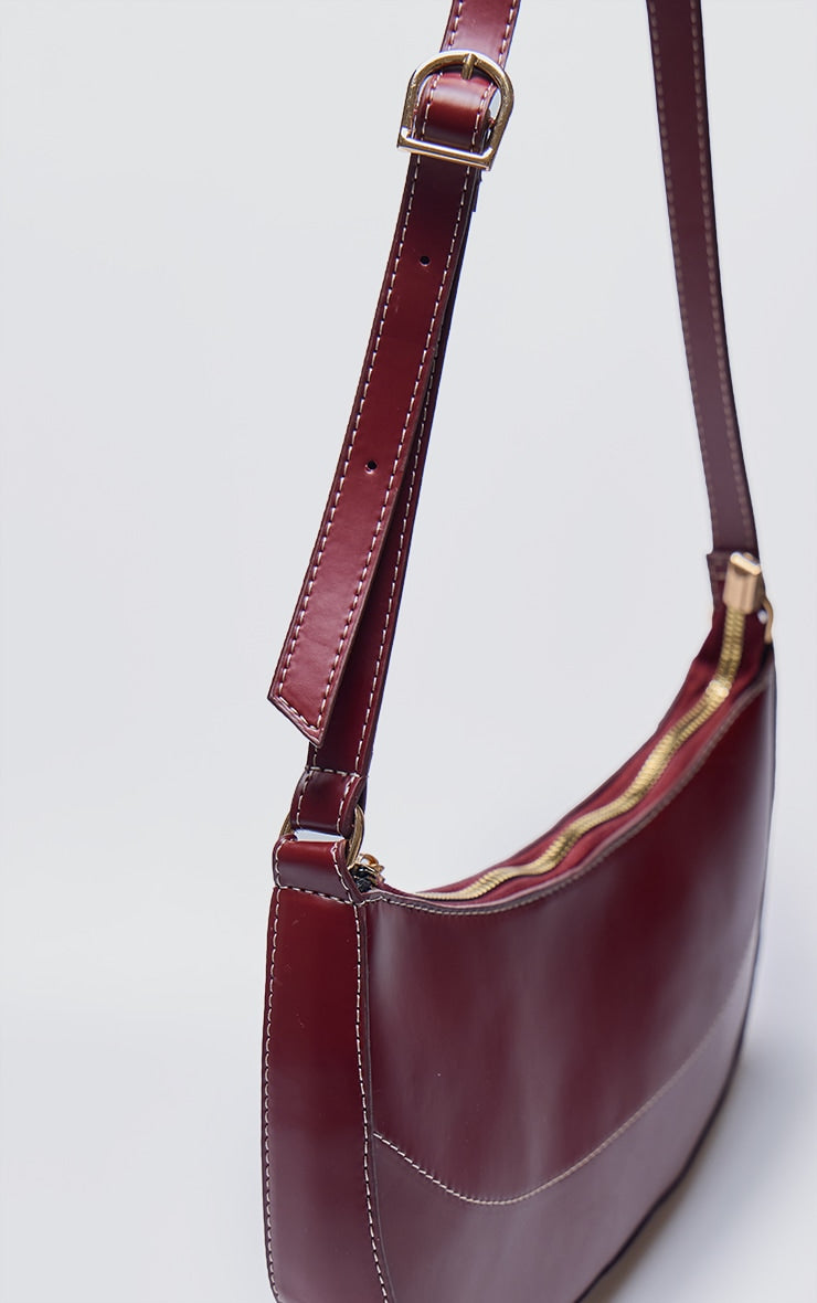 Burgundy PU Contrast Stitch Shoulder Bag