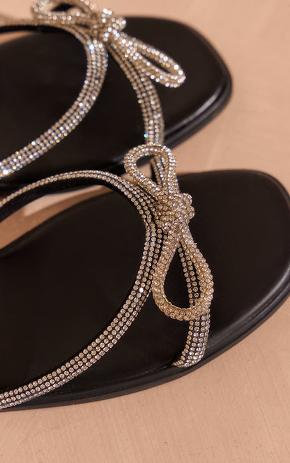 Next Day Delivery Before 10pm  Black Pu Square Toe Diamante Bow Strap Flat Sandals