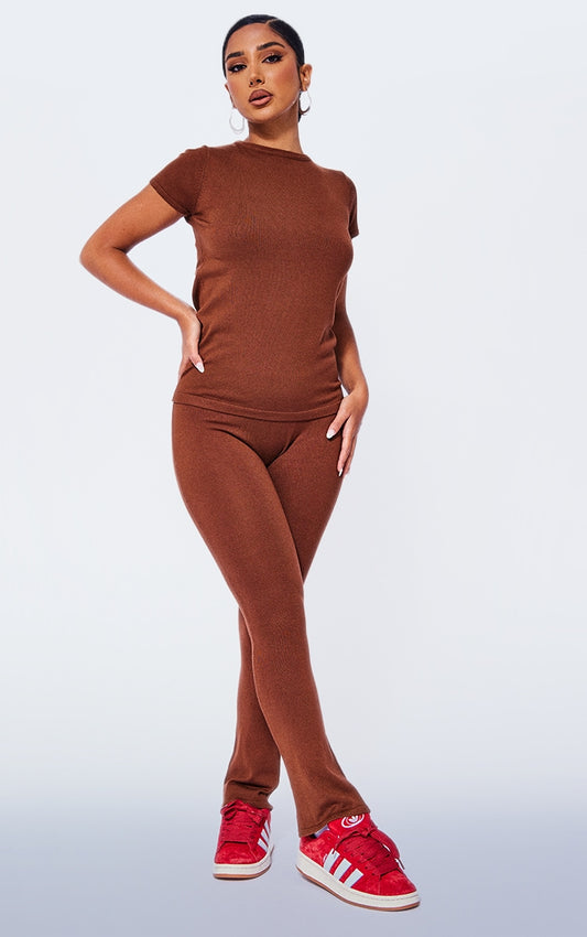 Petite Coffee Knitted Flared Trousers Next Day Delivery Before 10 pm