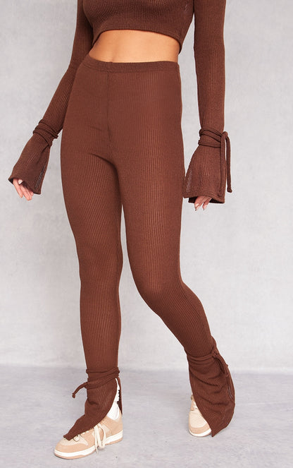 Next Day Delivery Before 10pm Chocolate Sheer Soft Rib Split Hem Tie Detail Leggings