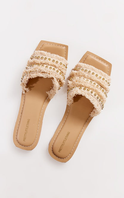 Next Day Delivery Before 10 PM Beige Stud Detail Frayed Strap Flat Sandals with Square Toe