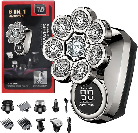 Next Day Delivery ARVENTINO Electric Head Shavers for Men - 8D Upgraded 6-in-1 Bald Head Shaver - IPX6 Waterproof Electric Razor Grooming Kit with LED Display, Cordless, Portable