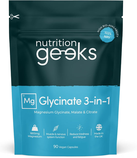 Next Day Delivery Magnesium Glycinate 3-in-1 Complex - 1800mg Supplements as Bisglycinate, Citrate &amp; Malate 90 Vegan Capsules, Triple High Absorption 384mg Elemental, UK Made