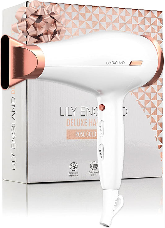 Next Day Delivery RRP £49.99 Lily England Lightweight Hair Dryer - Quiet Hairdryer with Cold Setting for Shine Boost, Hairdryers for Women Multiple Heat &amp; Speed Settings, White &amp; Rose Gold