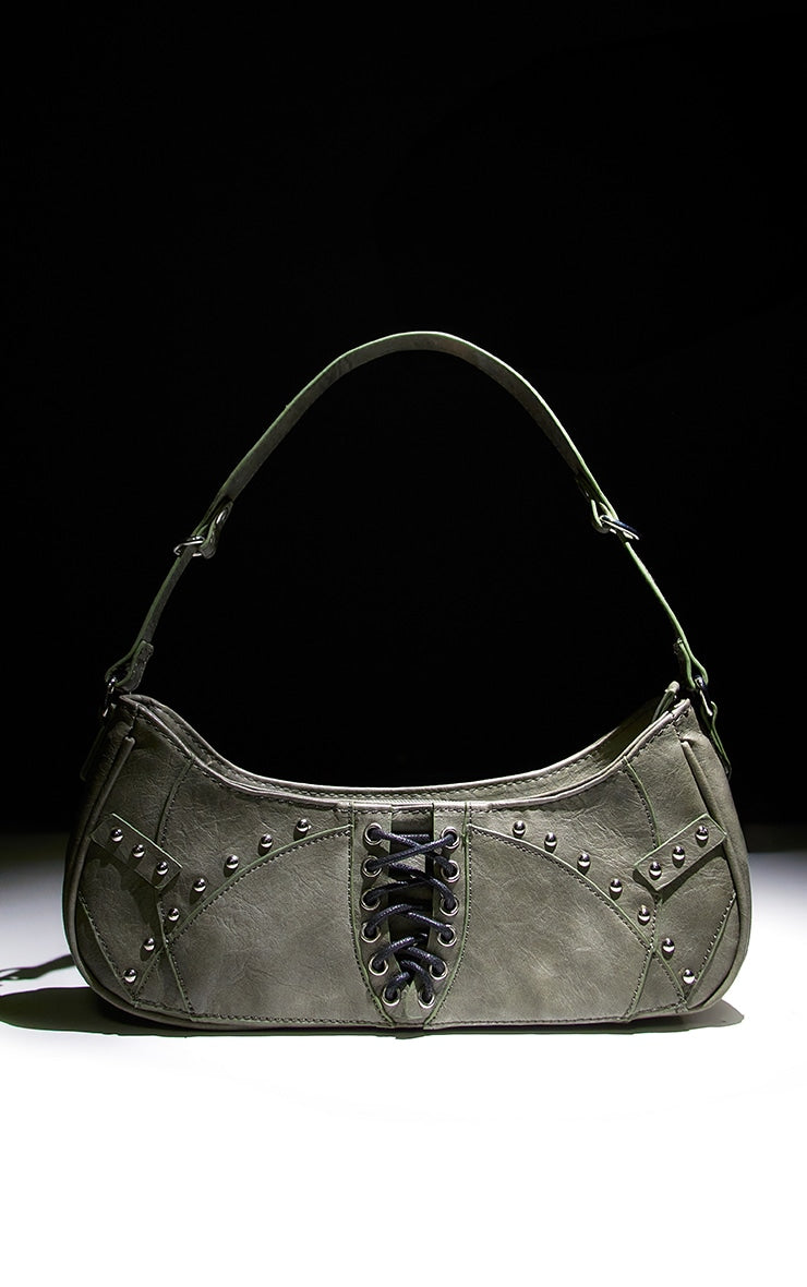 Next Day Delivery Before 10 PM Stylish and Chic: Khaki Lace-Up Studded Shoulder Bag