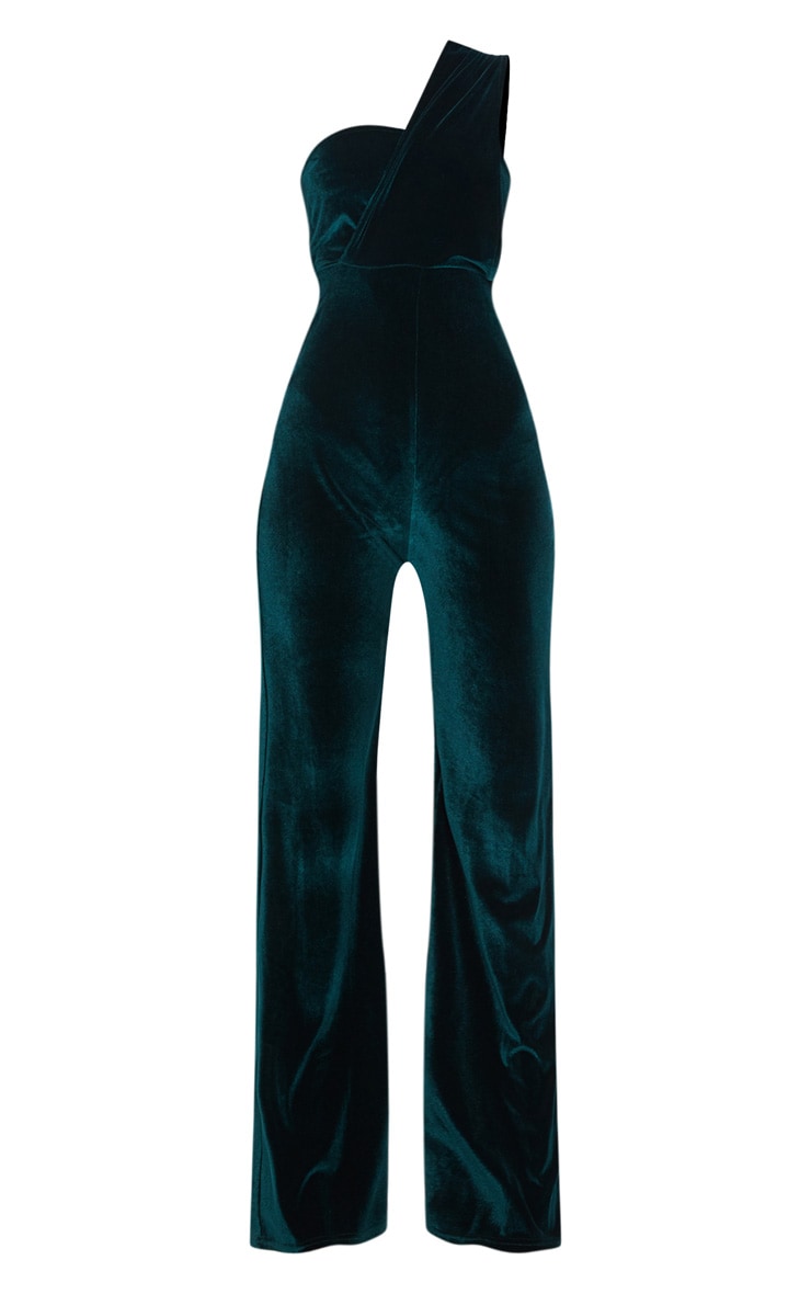 Next Day Delivery Before 10 PM Emerald Enchantment: One-Shoulder Velvet Jumpsuit