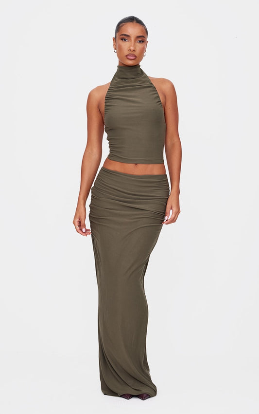 Khaki Soft Touch Ruched Maxi Skirt Next Day Delivery Before 10PM